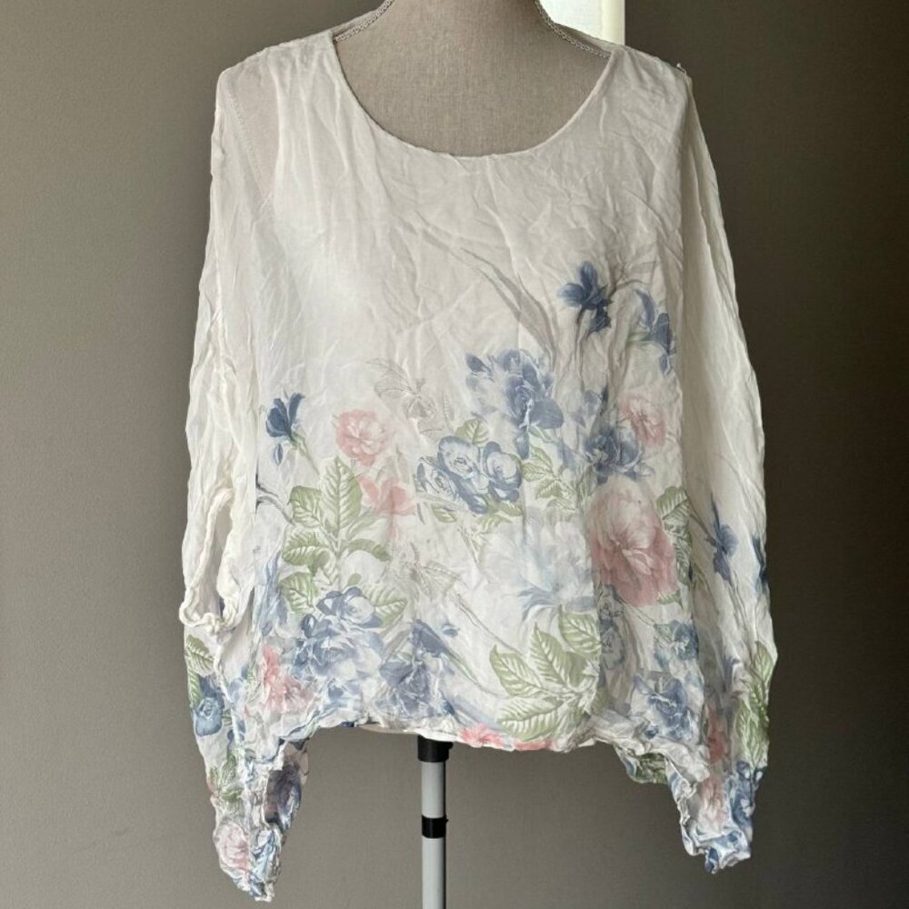 ELENA BALDI Stunning Wrinkle Effect Italian Silk Boho Double-Layer Top - Size L
